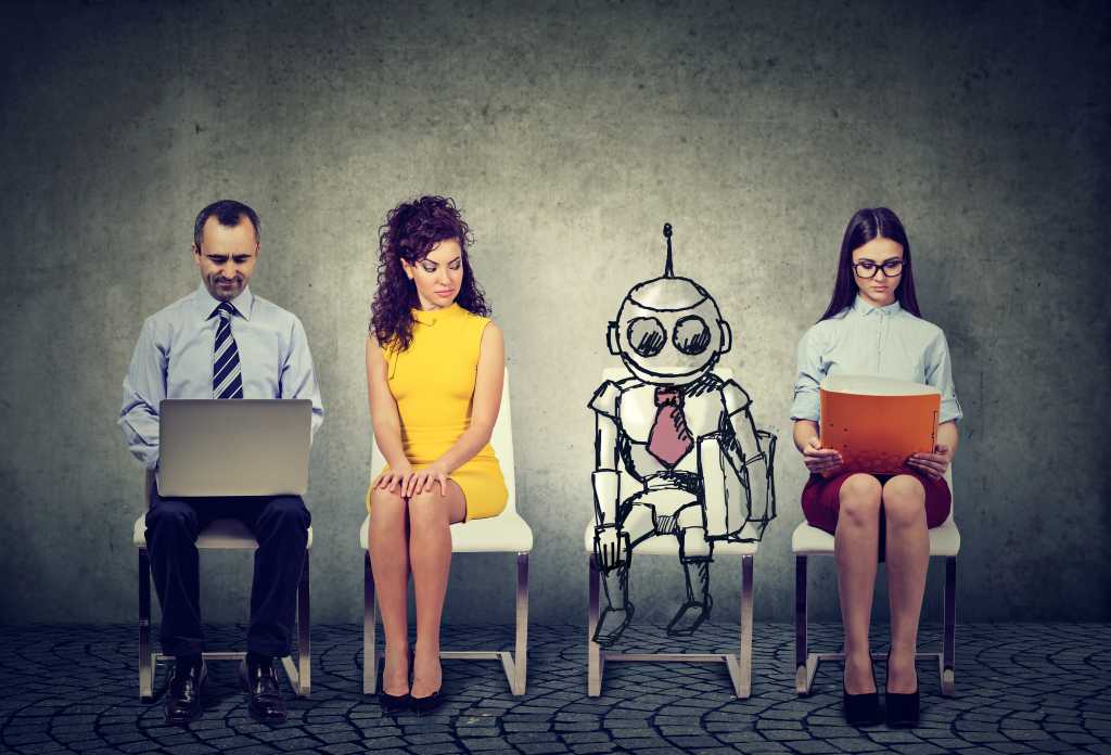 Cartoon robot sitting in a line of applicants waiting for a job interview. AI careers concept.