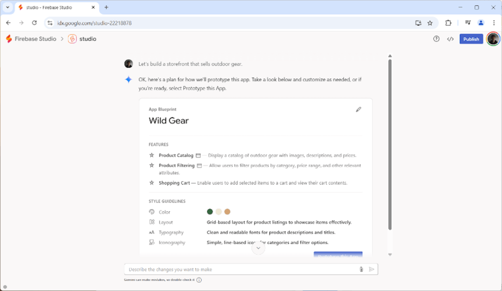 A screenshot of Google IDX.