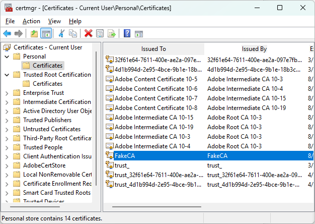 Certificate manager snap-in with newly generated self-signed fake root authority