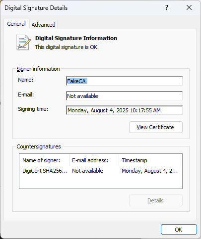 Details about the self-signed binary's digital signature