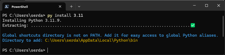Python Installation Manager installing Python version 3.11.
