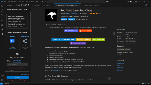 Screenshot of the Roo Code GUI.